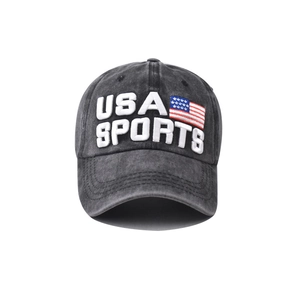 Detailed close-up of 3D embroidery showing USA SPORTS text and flag on cotton cap