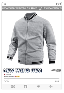 Detail der grauen Herren-Baseballjacke mit Rautenstruktur und gestreiften Rippbündchen