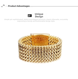 Macro detail of men's gold stainless steel bracelet with square clasp and fish scale link