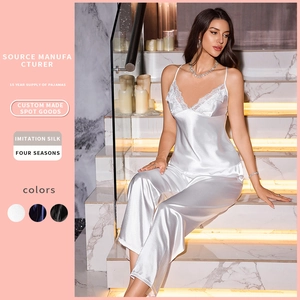 Women Satin Pajama Set Lace V Neck Camisole Top And Bottom Long Pants Loungewear Polyester Sleepwear For Home Casual