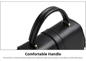 Close-up of black leather handle and gold metal hardware on a minimalist handbag