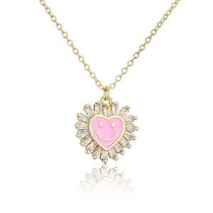Pink heart enamel smiley face necklace with rectangular zircon halo on gold chain
