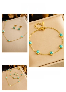 Detail of vintage turquoise jewelry set including necklace, bracelet and earrings