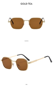 Detail of gold metal polygon sunglasses with tea lenses showing side and front views