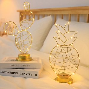 LED Decorative Night Light Iron Pineapple Cactus Shape Warm White Glow Battery Operated Tabletop Ornament Gold Metal