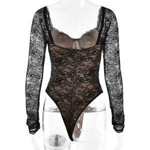 Close-up of black floral lace bodysuit with long sleeves on a mannequin