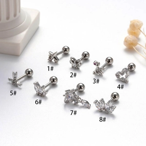 Detailed set of 8 stainless steel screw-back stud earrings with zircon heart and butterfly
