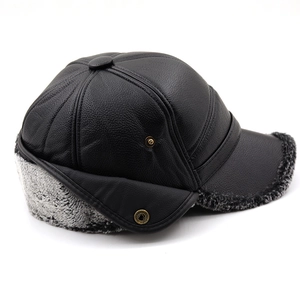 Winter men's flat top faux leather cap with ear flaps and warm plush lining in black