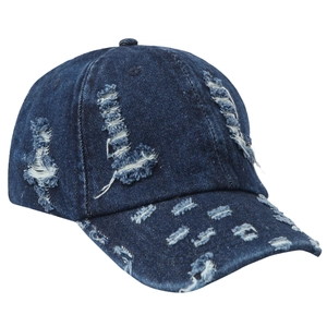 Distressed navy denim baseball cap with vintage frayed holes and retro street style