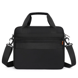 Business casual black nylon messenger bag with reinforced handles and shoulder strap