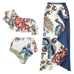 Three-piece tropical parrot print bikini set with ruffle top and slit sarong wrap skirt