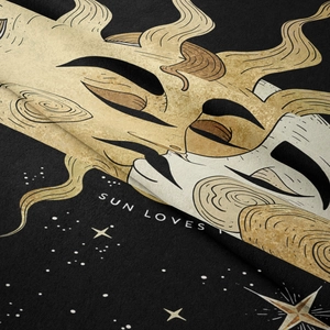 Detail of plush sun and moon tapestry fabric showing Sun Loves text and soft texture