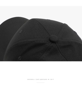 Detail of a black cotton baseball cap showing top button and six-panel stitching quality