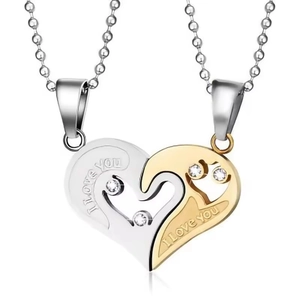 Couples heart pendant necklace set in gold and silver with I Love You engraving