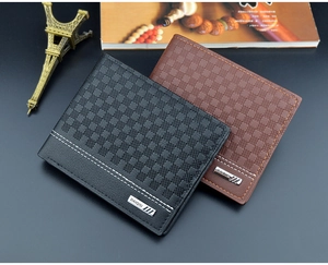 Detail of plaid leather wallets in black and brown with metal logo and contrast stitching