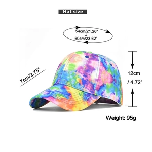 Detailed size chart for tie-dye baseball cap showing dimensions and weight metrics