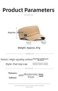 Detailed dimensions of khaki cotton flat top military cap with 56-61cm head circumference