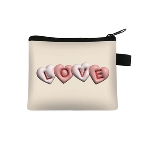 Cute beige fabric coin purse with 3D love heart print and black zipper closure