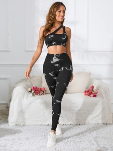 Damen Nahtlos Gestrickt Batik Yoga Set Ein-Schulter Cut-Out Sport BH Hohe Taille Leggings Gym Top Und Bottom