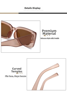 Detail of square tea-colored sunglasses showing transparent resin frame and curved temple tips