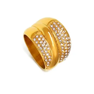 Anillo Ancho Acero Inoxidable Multicapa Cristal Chapado Oro PVD Hip Hop Moda Joyería Lujo Para Mujeres