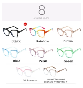 Cat eye glasses frames shown in eight available colors including rainbow and leopard