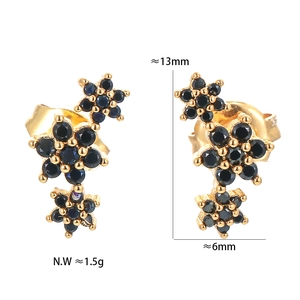 Detailed view of floral drop earrings with gold metal and dark blue zircon petals