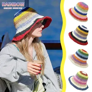 Rainbow striped handmade woven straw bucket hat for women sun protection beach vacation