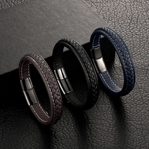 Braided leather bracelets in brown, black, and blue with magnetic steel clasps detail