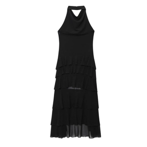 Sleeveless black halter neck midi dress with tiered ruffle hem and elegant sheer details