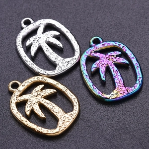 Tropical coconut tree pendants in gold, silver, and rainbow steel for jewelry making