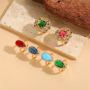 Vintage Palace Style Geometric Zirconia Adjustable Open Ring Luxury Emerald Ruby Pear Square Gemstone Ring Women Jewelry