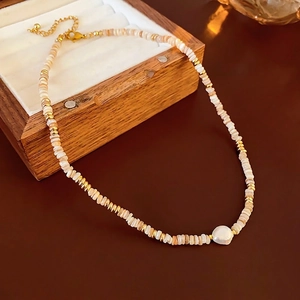 14K gold plated shell bead necklace with white baroque pearl and vintage design