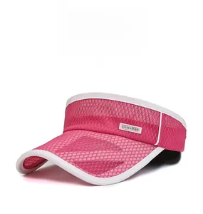 Close-up of pink breathable mesh sun visor with sport label and white contrast edging