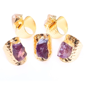 Irregular raw amethyst gold wide open rings with hammered texture for women
