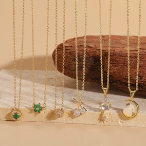 Geometric Round Emerald Zircon Pendant Necklace Copper 14K Gold Plated Flower Rabbit Cherry Star Key Jewelry Women