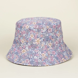 Detail view of purple floral bucket hat featuring colorful small flower patterns and texture