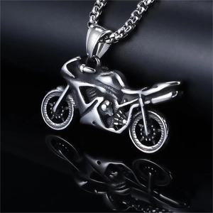 Retro punk style silver motorcycle pendant necklace with detailed bike engine and pearl chain