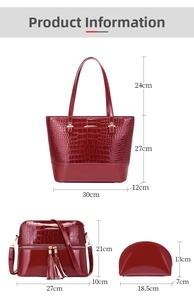 Detailed size guide for red crocodile embossed 3-piece tote bag set with measurements