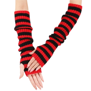 Long red and black striped knitted arm warmers for autumn and winter streetwear