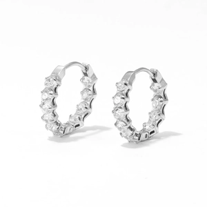 Silver hoop earrings with pave-set sparkling round cubic zirconia in classic huggie style