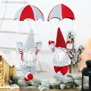 Christmas gnome parachute hanging ornaments in red and grey colors for holiday window decor
