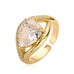 Luxury 18K gold plated ring with pear-cut zircon and paved small champagne stones