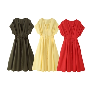 Robe Midi Plissée En Coton Élégante Col En V Profond Manches Courtes Taille Nouée Ligne A Couleur Unie Robe Femmes Été