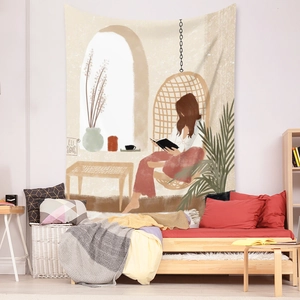 Detail of bohemian tapestry featuring a woman reading in a warm minimalist bedroom