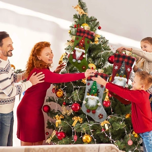 Tre calze di Natale con bordi a quadri e gnomi appese all'albero di Natale in famiglia