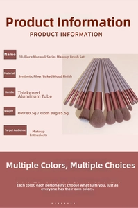 Detail of 13-piece makeup brush set featuring soft synthetic bristles and purple wood handles