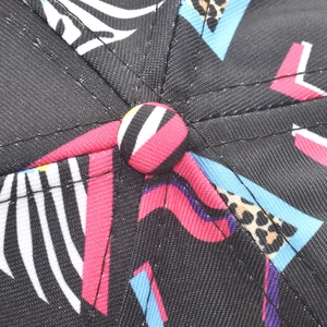 Macro detail of graffiti baseball cap crown with leopard print and vibrant geometric patterns