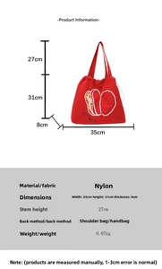 Detailed size specifications for large nylon tote bag showing height width and handle length