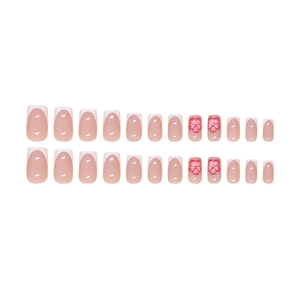French tip press-on nails set with pink 3D flower designs and 24 pieces square-oval tips